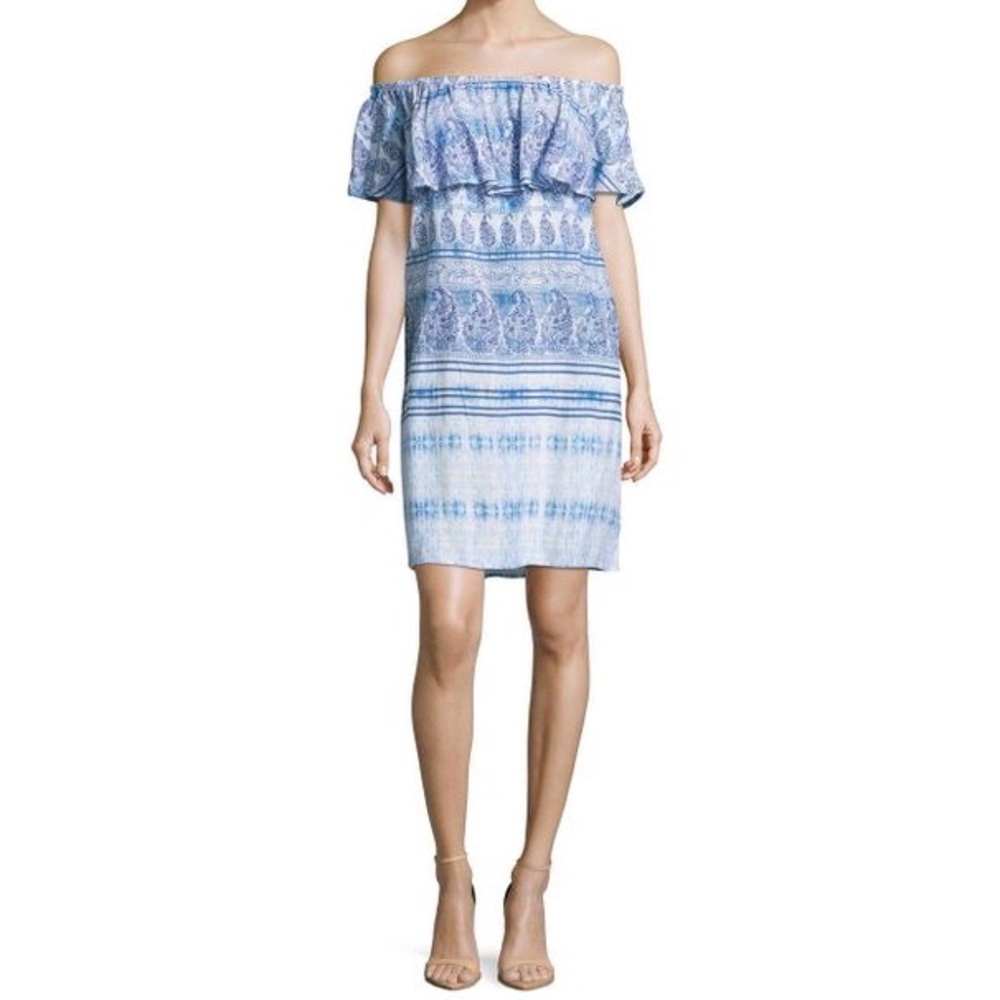 Off the Shoulder Blue Paisley Dress